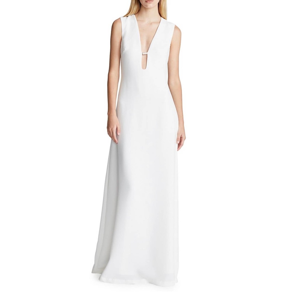 Halston RENÉE Chalk White V-Neck Sleeveless‎ Crepe Gown Size 4